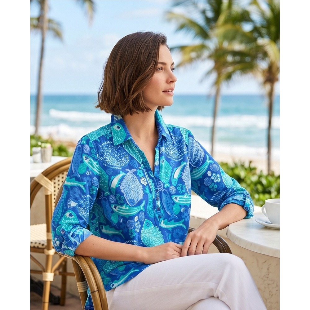 Talbots Woman Petites 2XP Blue Fish Print Seersucker Henley Tunic Top NWOT